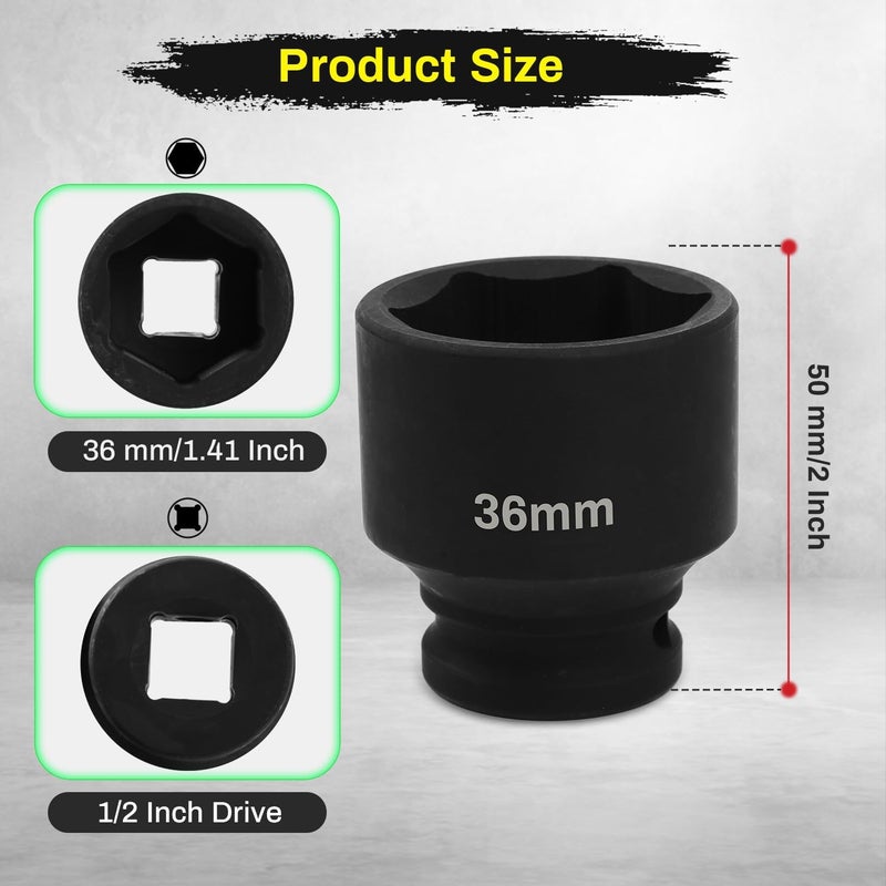 SUNKOO 1/2 Inch Drive 36mm Deep Impact Socket, CR-MO 6 Point Heavy Duty Metric Axle Nut Socket for Easy Removal of Axle and Wheel Hub Nuts - Image 2